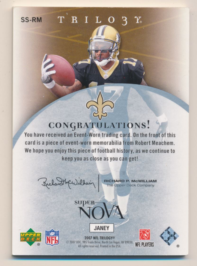 2007 Upper Deck Trilogy Supernova Swatches Patch #RM Robert Meachem back image