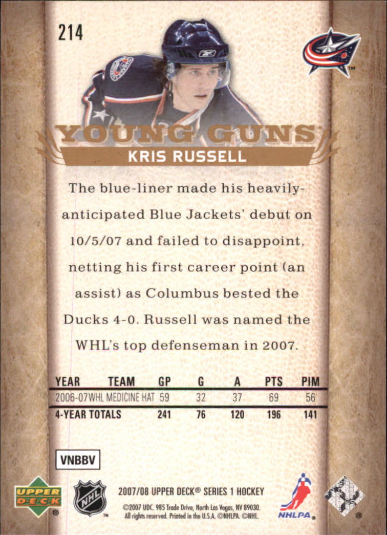 2007-08 Upper Deck #214 Kris Russell YG RC back image