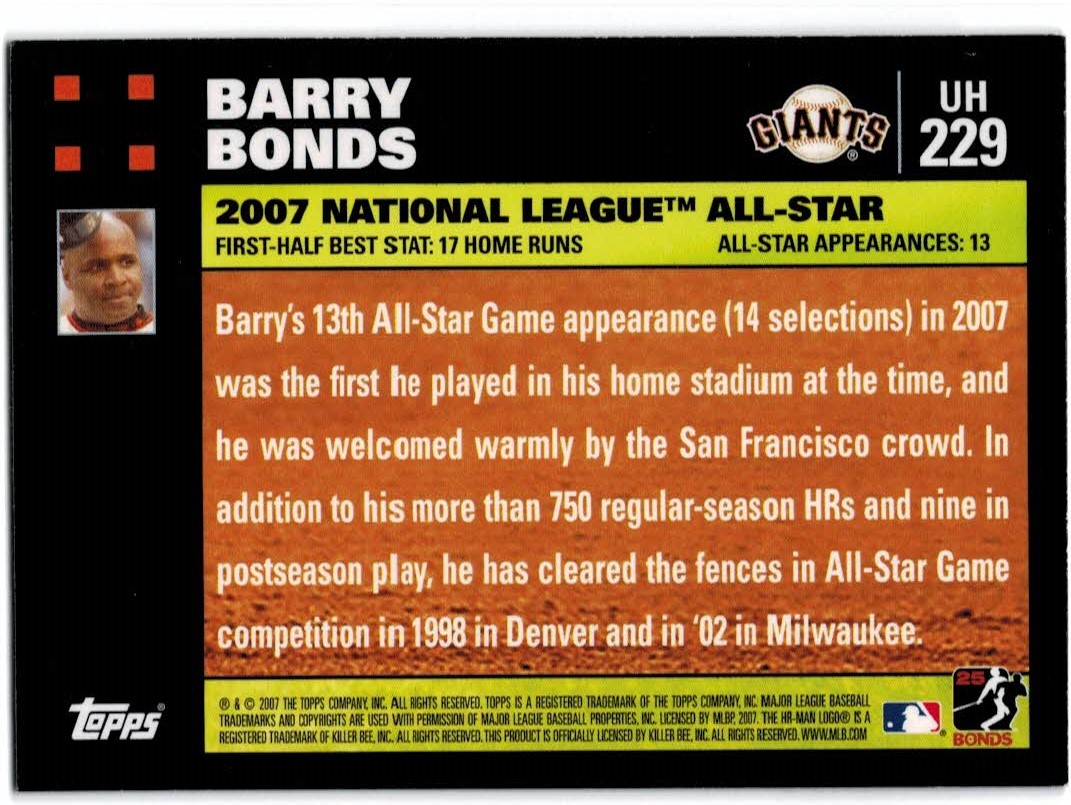 2007 Topps Update #229 Barry Bonds back image