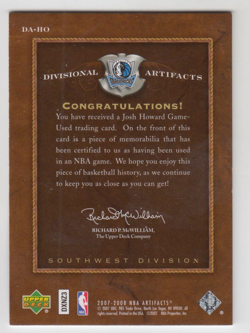 2007-08 Artifacts Divisional Artifacts Red #DAHO Josh Howard back image