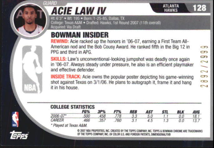 2007-08 Bowman Chrome #128 Acie Law RC back image