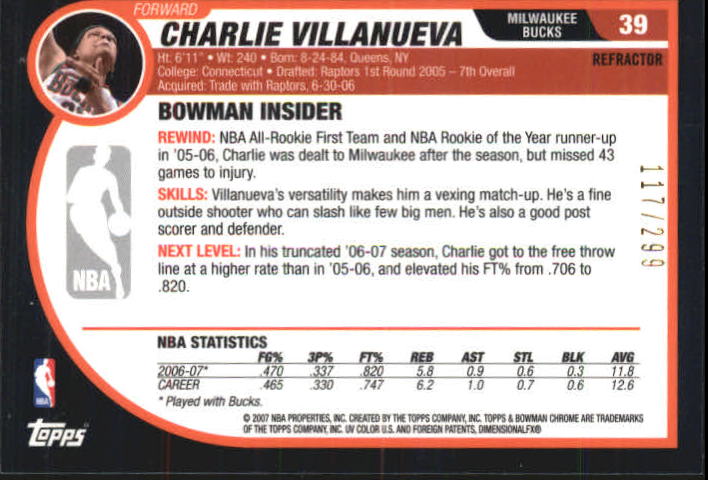 2007-08 Bowman Chrome Refractors #39 Charlie Villanueva back image