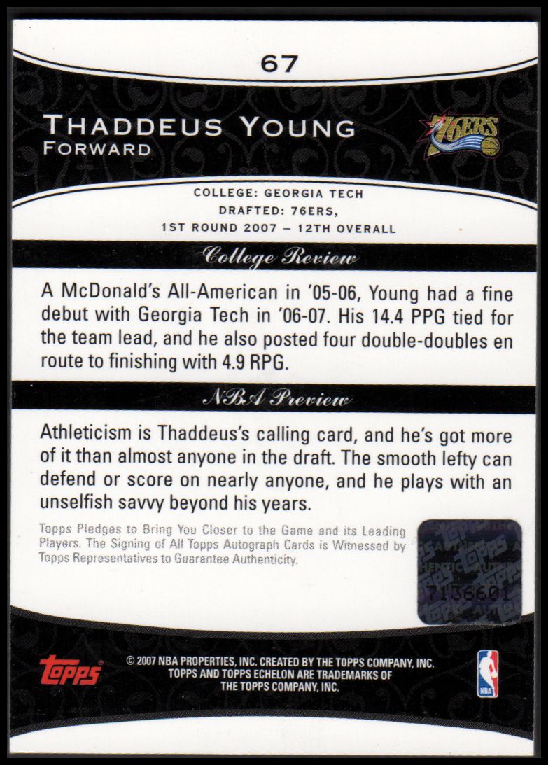 2007-08 Topps Echelon Rookie Autographs #67 Thaddeus Young back image