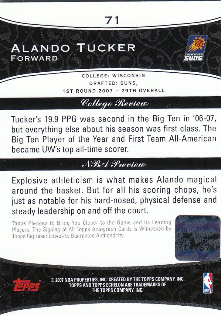 2007-08 Topps Echelon Rookie Autographs #71 Alando Tucker back image