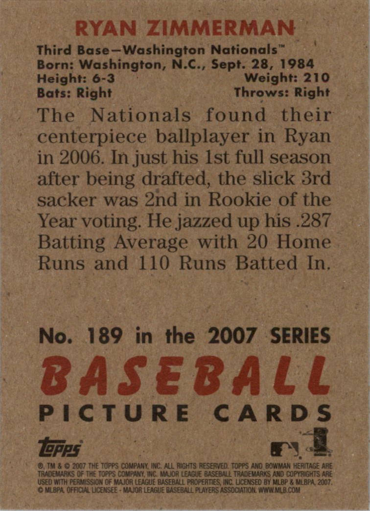 2007 Bowman Heritage #189b Ryan Zimmerman SP/No Signature back image