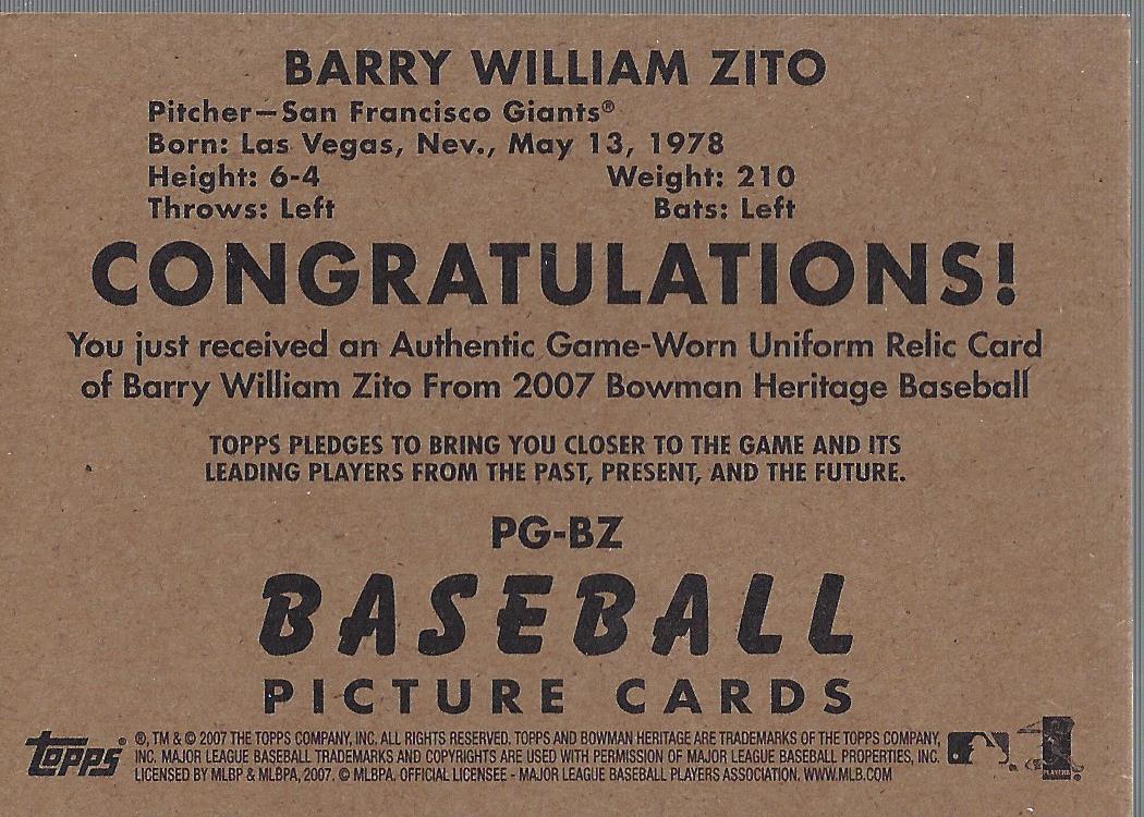 2007 Bowman Heritage Pieces of Greatness #BZ Barry Zito Pants C back image