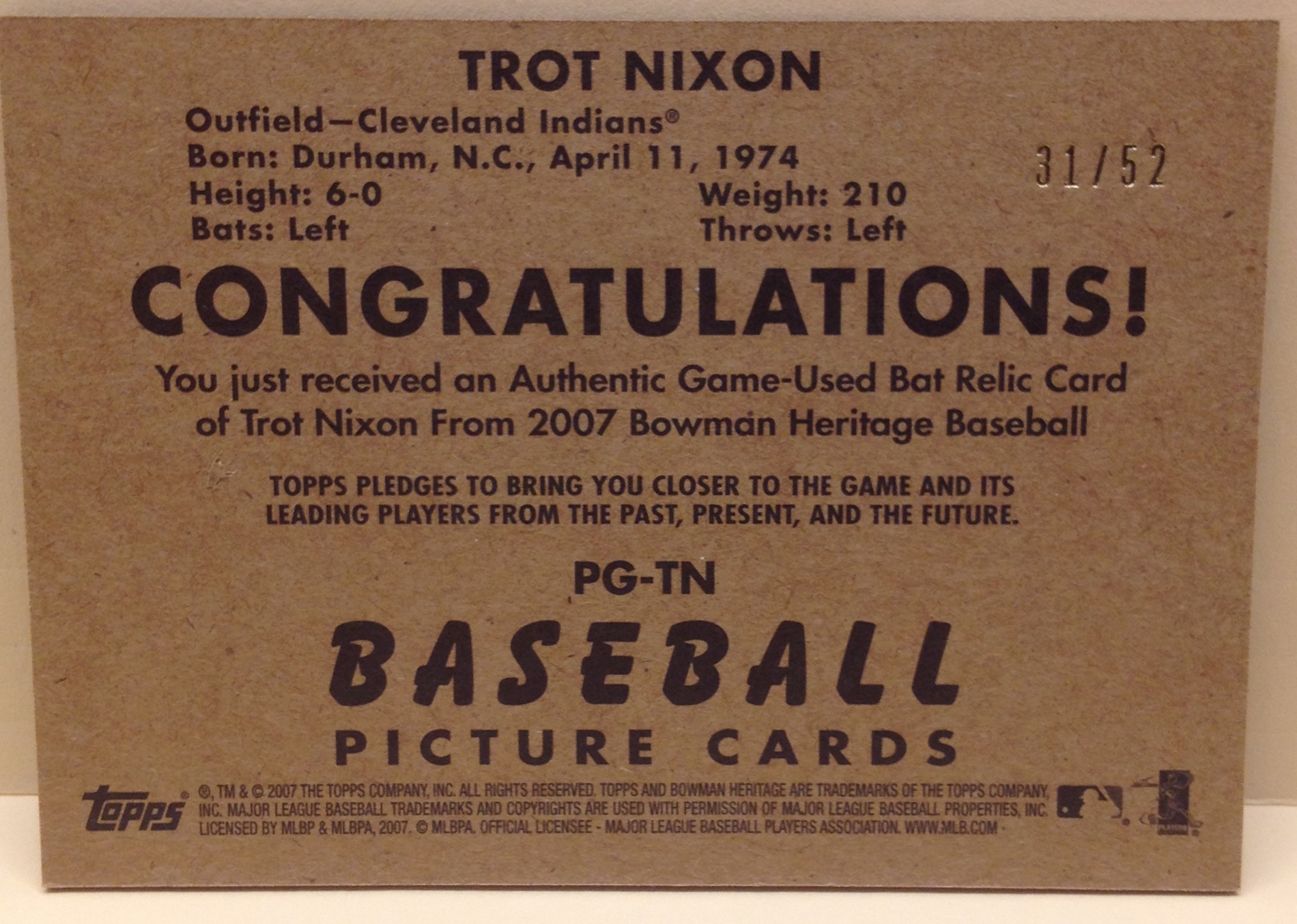 2007 Bowman Heritage Pieces of Greatness Black #TN Trot Nixon Bat back image