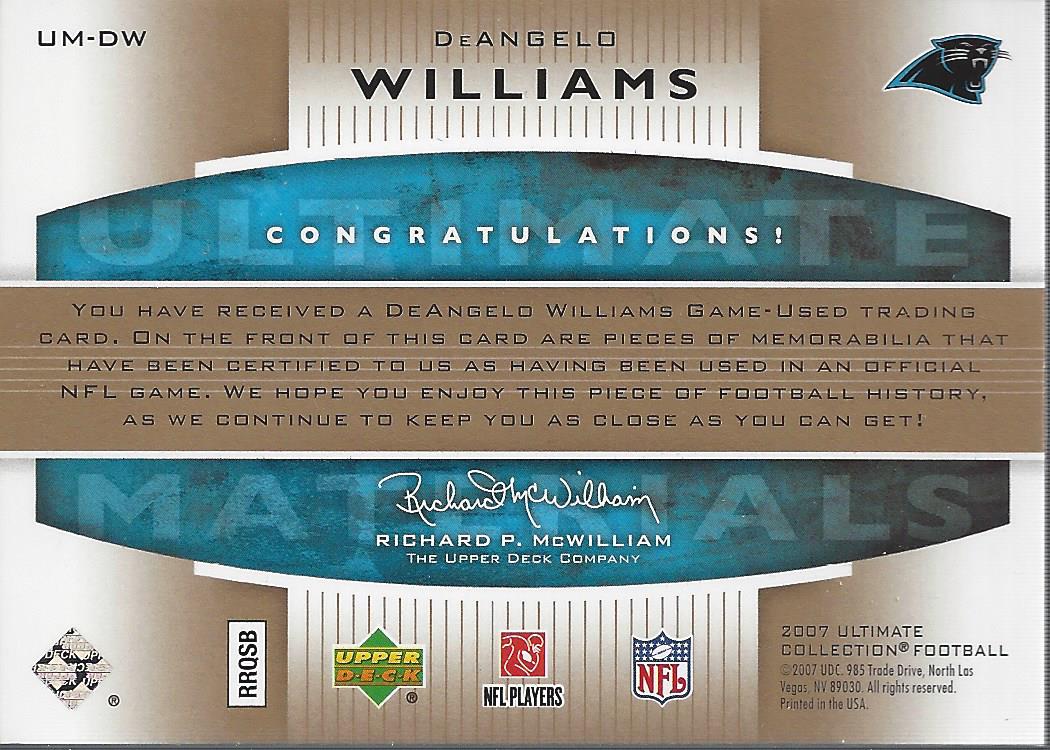 2007 Ultimate Collection Materials Gold #UMDW DeAngelo Williams back image