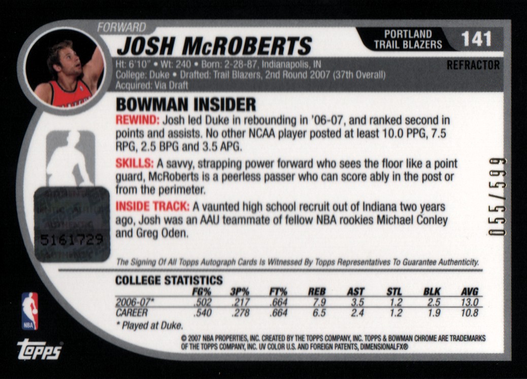 2007-08 Bowman Chrome Refractors Rookie Autographs #141 Josh McRoberts AU back image