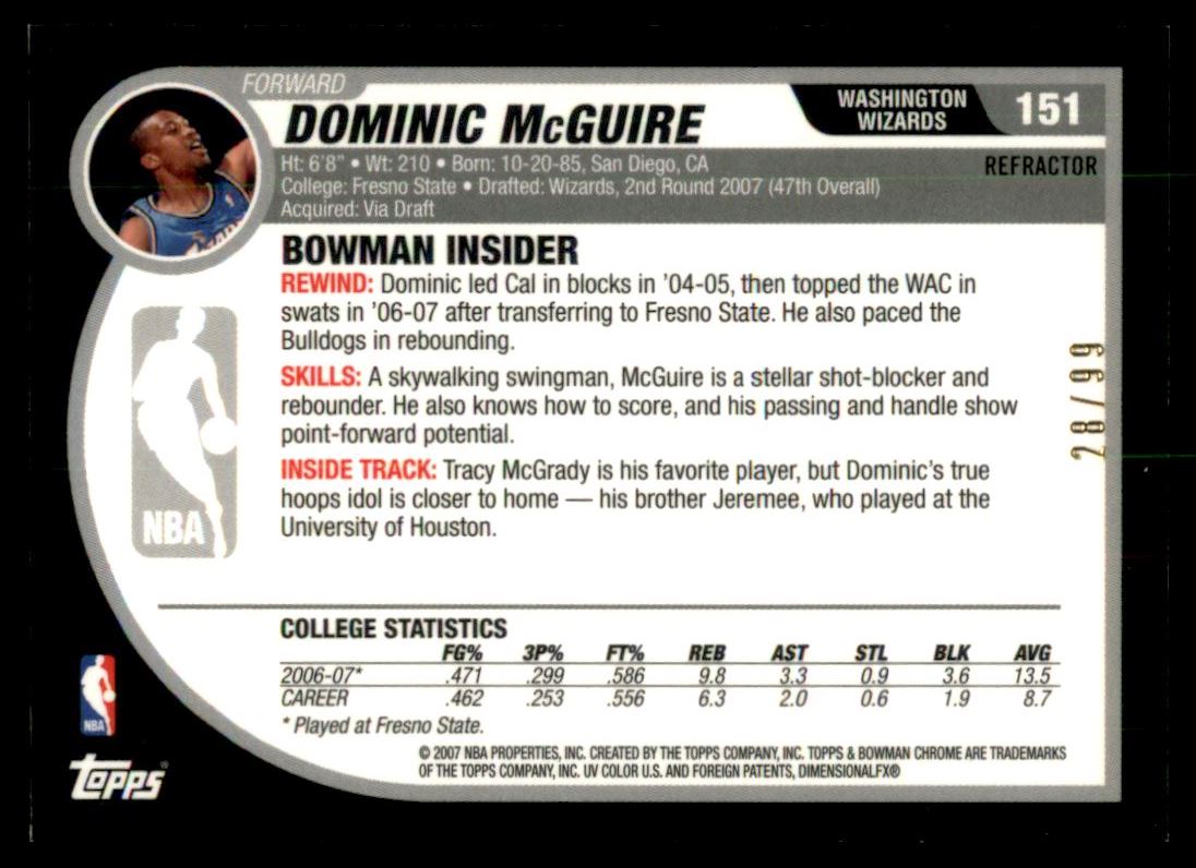2007-08 Bowman Chrome Refractors Rookie Autographs #151 Dominic McGuire AU