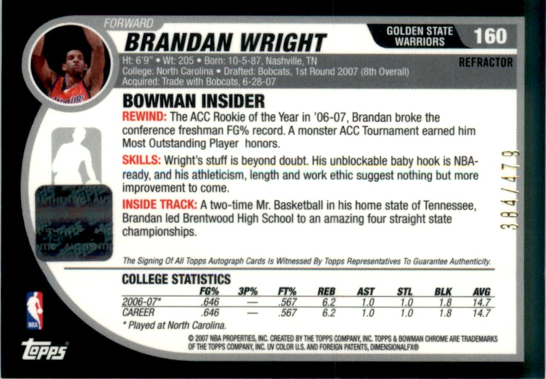 2007-08 Bowman Chrome Refractors Rookie Autographs #160 Brandan Wright AU/479