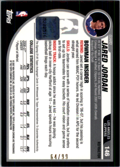 2007-08 Bowman Chrome Refractors Rookie Autographs Black #146 Jared Jordan