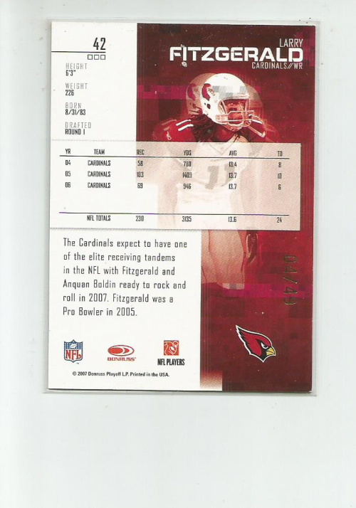 2007 Leaf Rookies and Stars Gold #42 Larry Fitzgerald back image