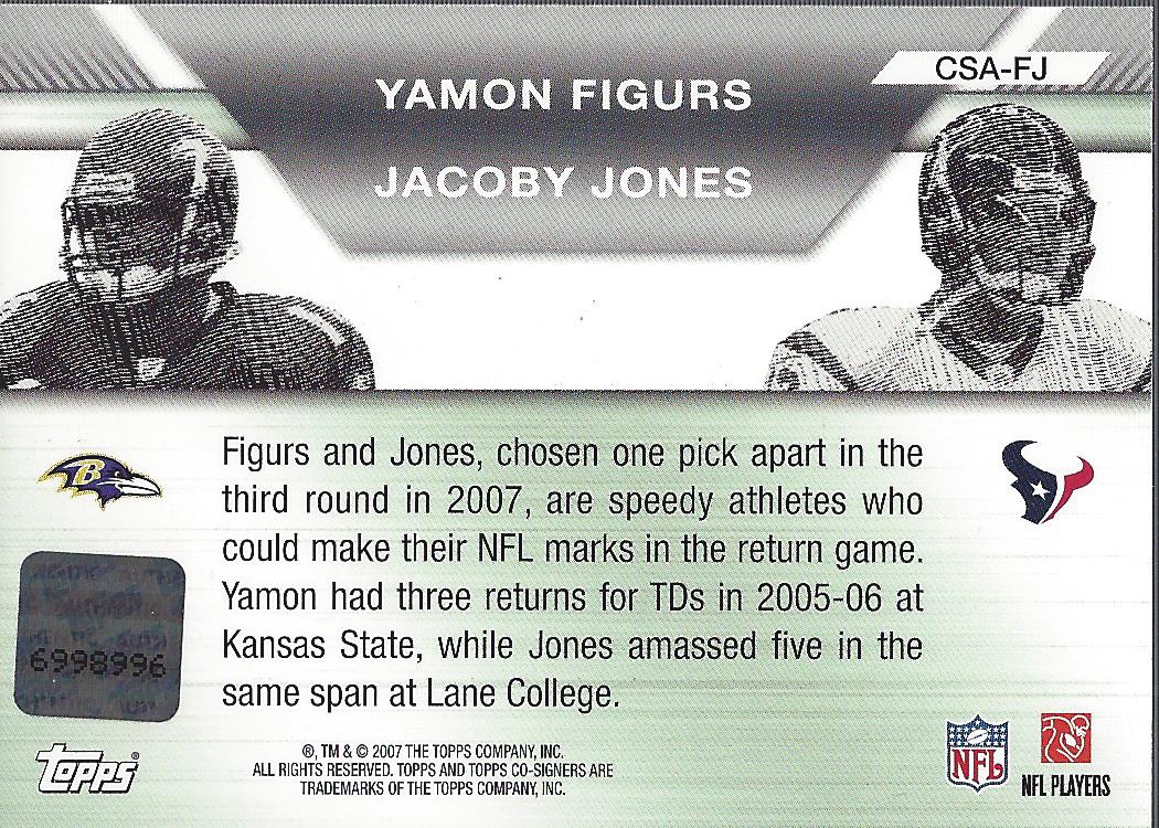 2007 Topps Co-Signers Co-Signer Autographs #FJ Yamon Figurs Q/Jacoby Jones back image