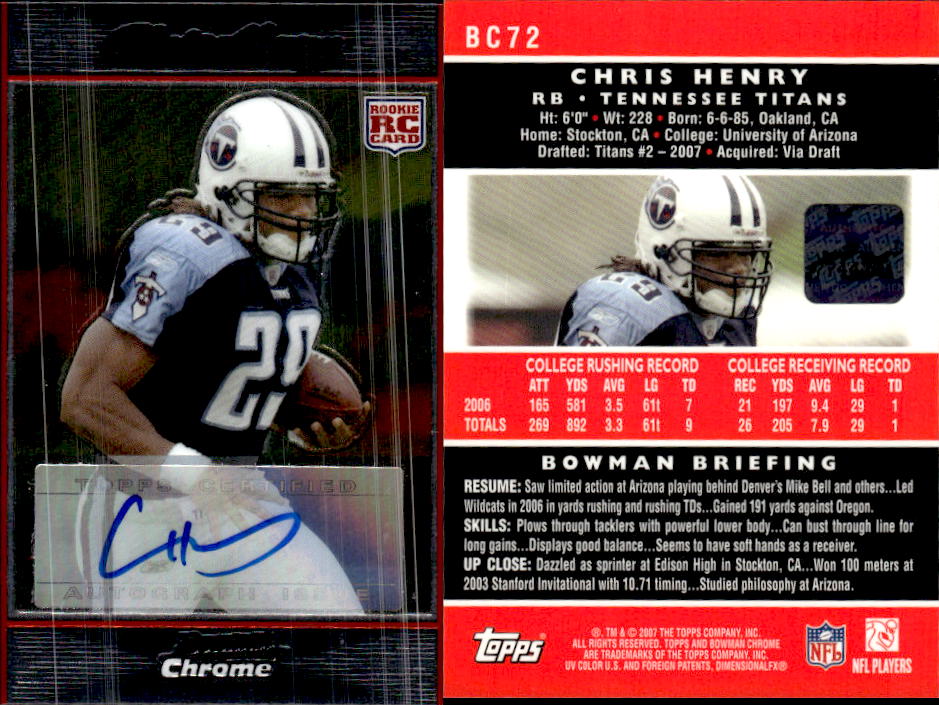 2007 Bowman Chrome Rookie Autographs #BC72 Chris Henry K