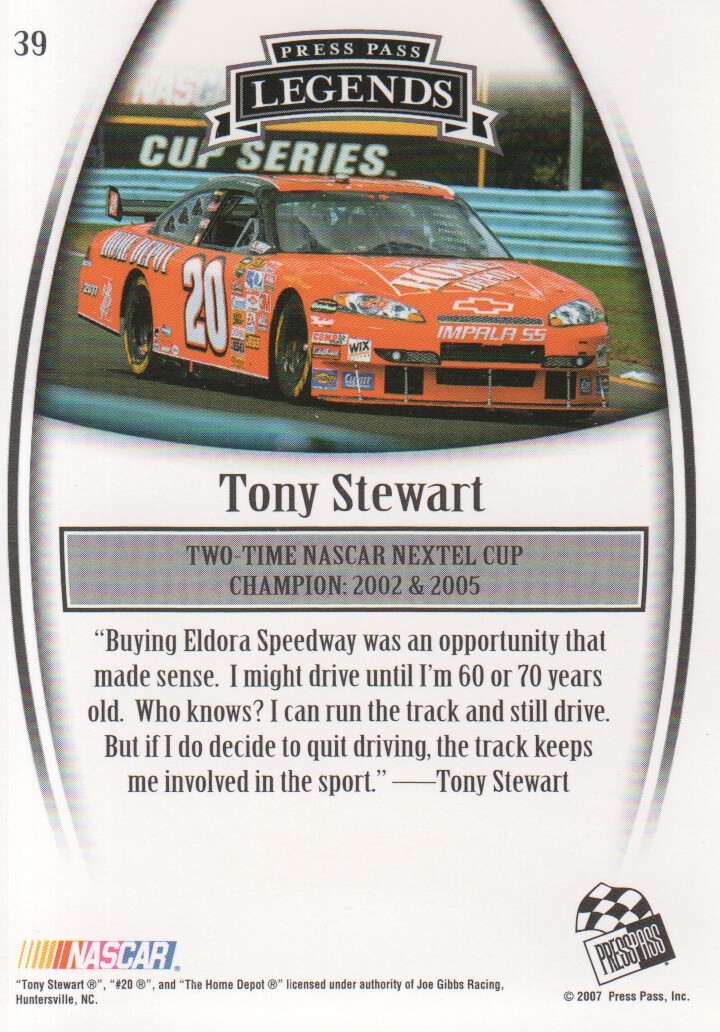 2007 Press Pass Legends #39 Tony Stewart back image