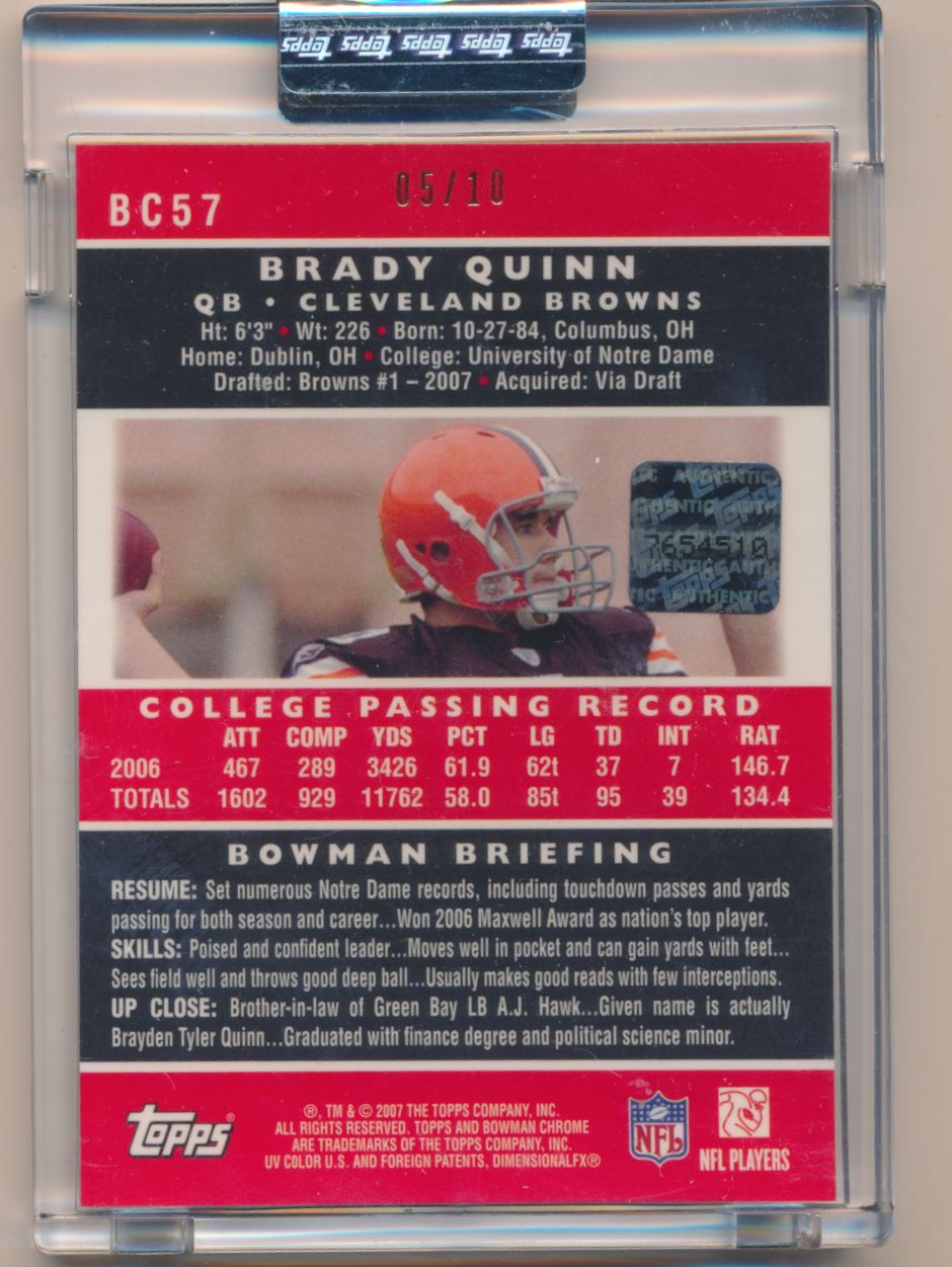 2007 Bowman Chrome Rookie Autographs Uncirculated #BC57 Brady Quinn back image