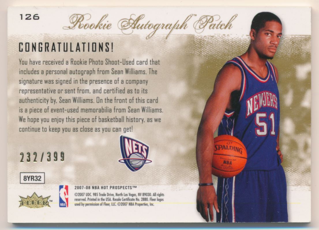 2007-08 Fleer Hot Prospects #126 Sean Williams JSY AU RC