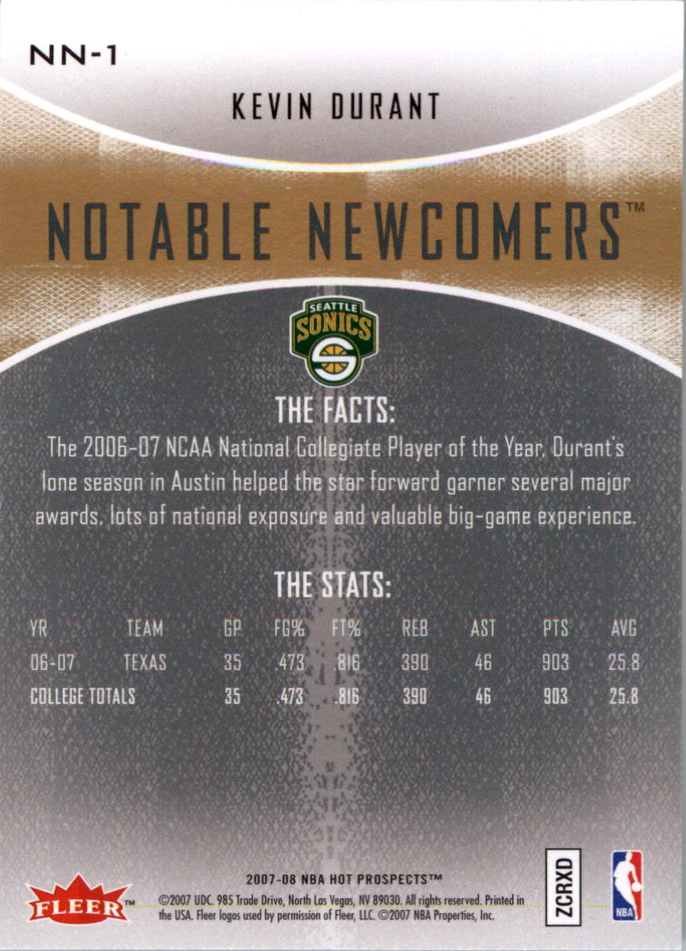 2007-08 Fleer Hot Prospects Notable Newcomers #NN-1 Kevin Durant back image