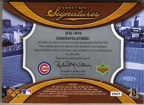 2007 Sweet Spot Signatures Gold Stitch Gold Ink #SSRH Rich Hill/99 back image