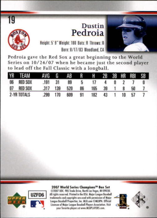 2007 Red Sox Upper Deck World Series Champions #19 Dustin Pedroia back image