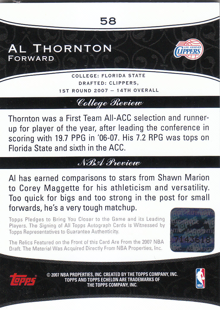 2007-08 Topps Echelon Rookie Autographs Dual Relics Gold #58 Al Thornton back image