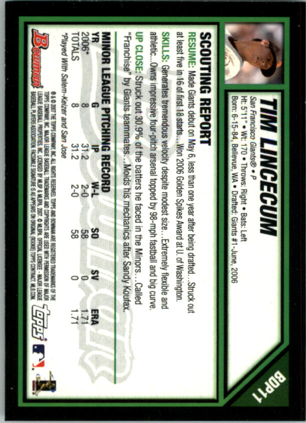 2007 Bowman Draft #BDP11 Tim Lincecum RC back image