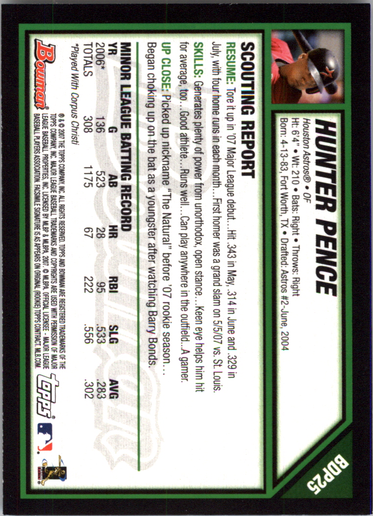 2007 Bowman Draft #BDP25 Hunter Pence (RC) back image