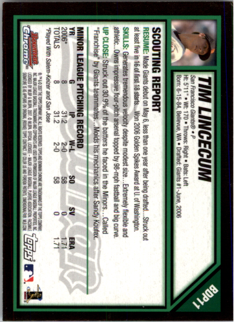 2007 Bowman Chrome Draft #BDP11 Tim Lincecum RC back image
