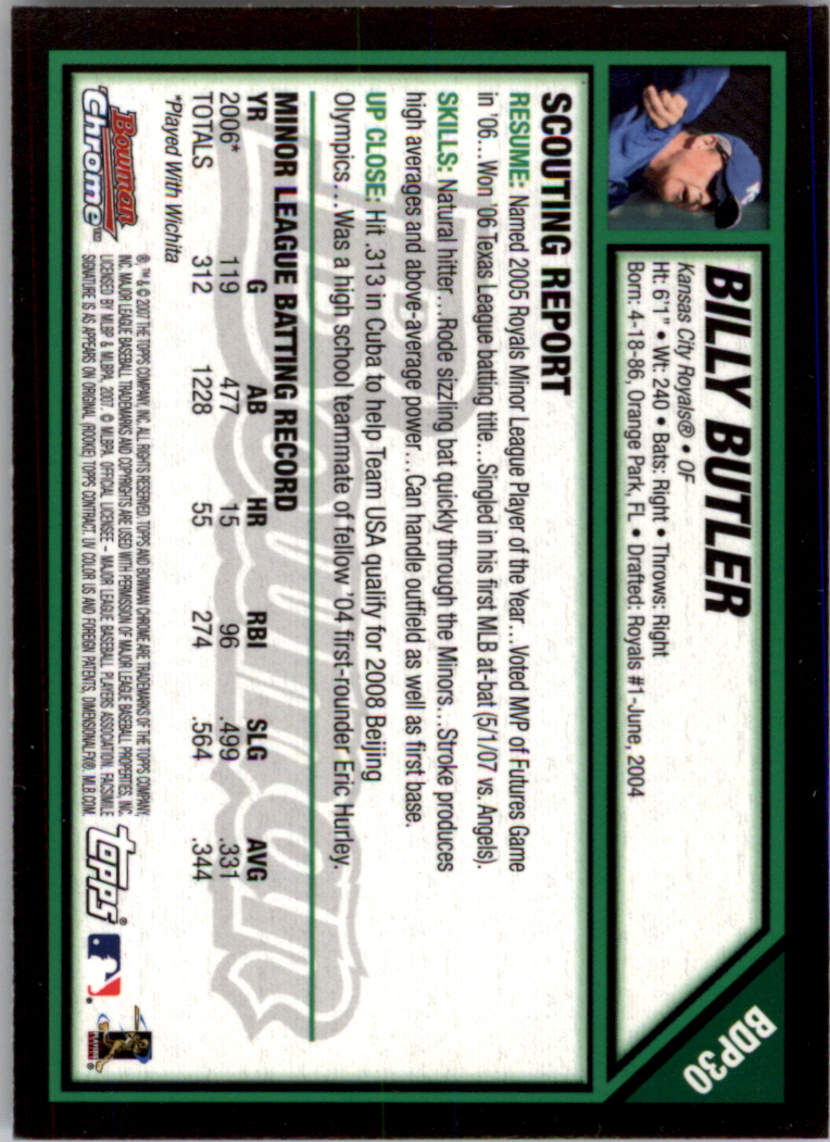 2007 Bowman Chrome Draft #BDP30 Billy Butler (RC) back image