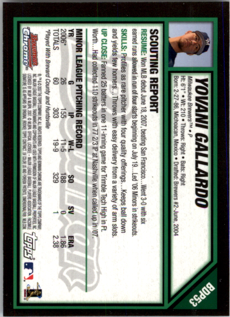 2007 Bowman Chrome Draft #BDP53 Yovani Gallardo (RC) back image