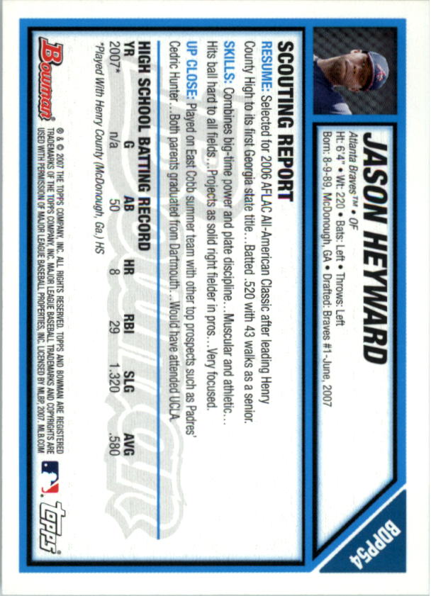 2007 Bowman Draft Draft Picks #BDPP54 Jason Heyward back image
