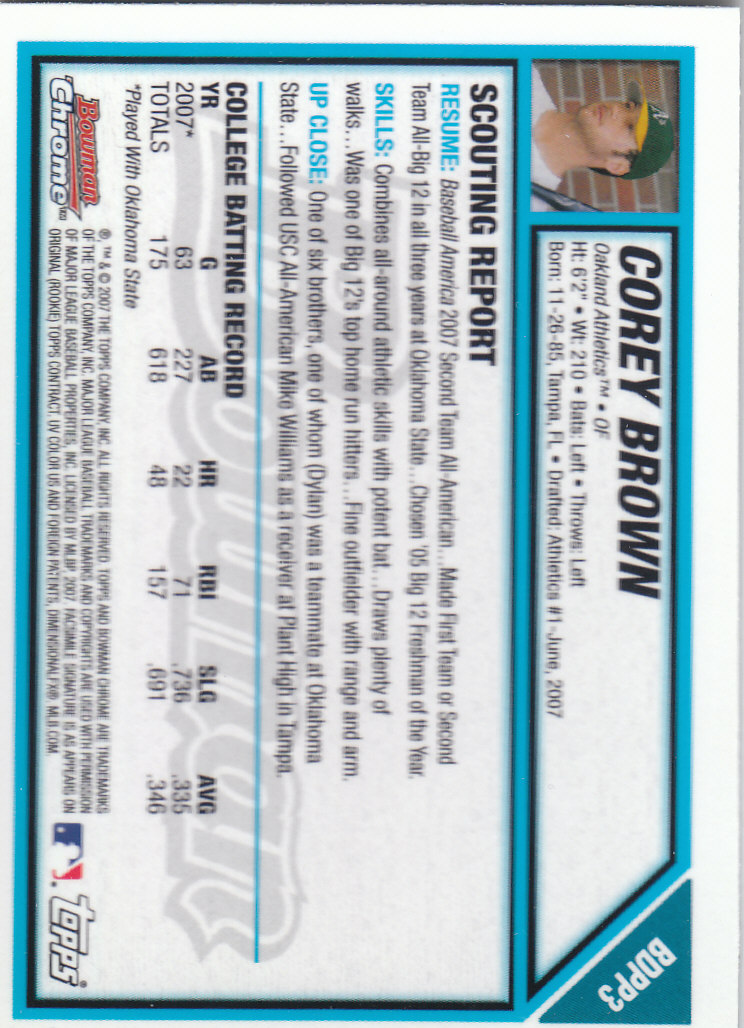 2007 Bowman Chrome Draft Draft Picks #BDPP3 Corey Brown back image