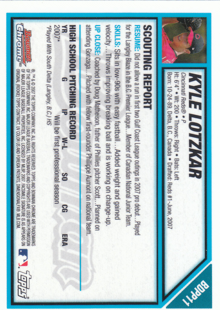 2007 Bowman Chrome Draft Draft Picks #BDPP11 Kyle Lotzkar back image