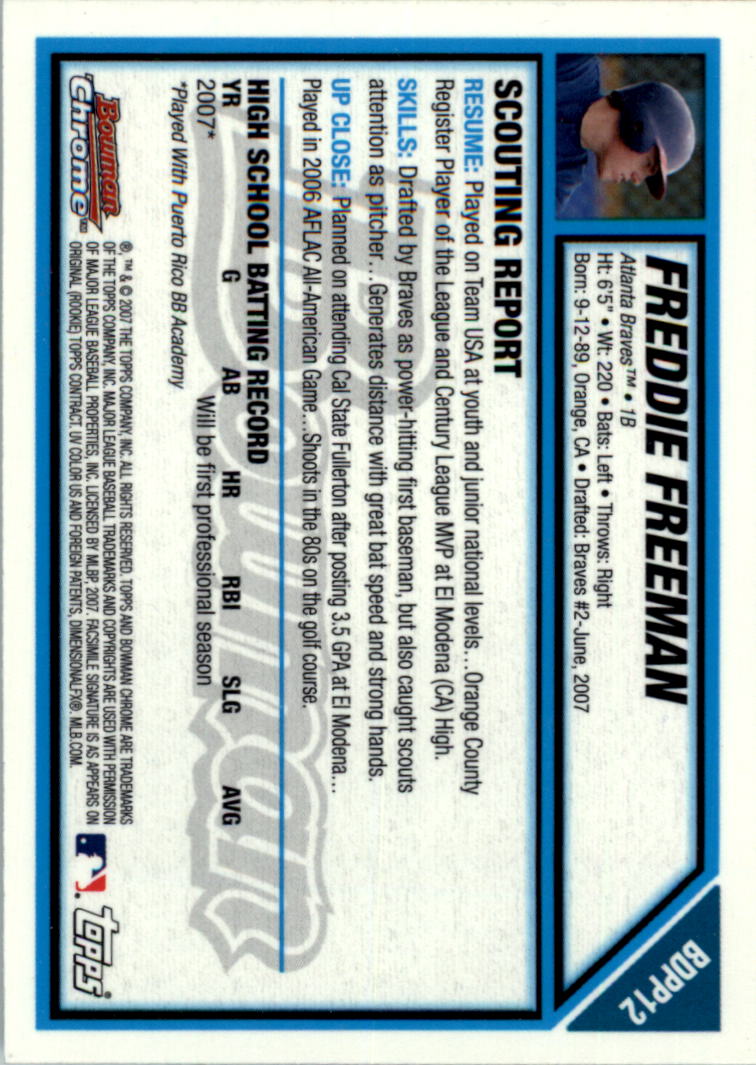 2007 Bowman Chrome Draft Draft Picks #BDPP12 Freddie Freeman back image