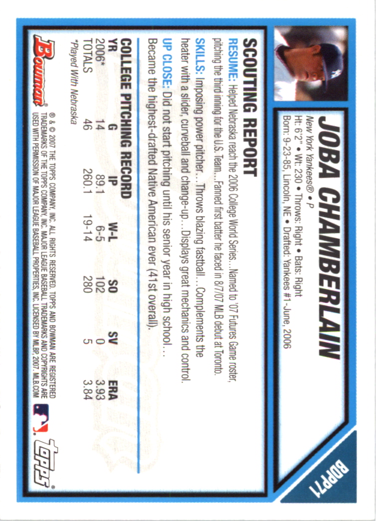 2007 Bowman Draft Future's Game Prospects #BDPP71 Joba Chamberlain back image