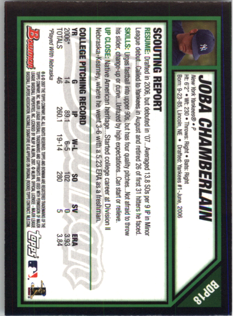 2007 Bowman Draft Gold #BDP18 Joba Chamberlain back image