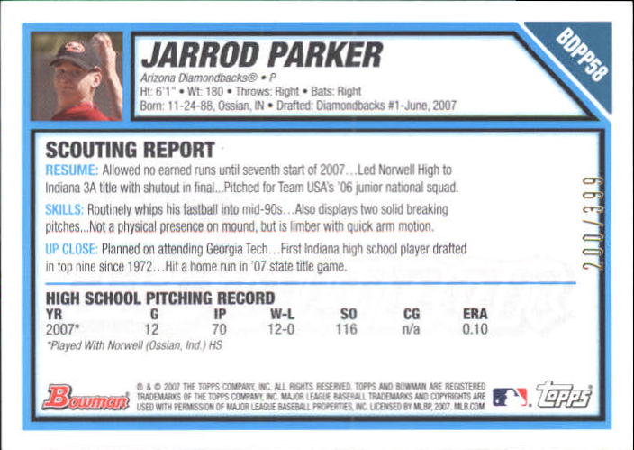 2007 Bowman Draft Draft Picks Blue #BDPP58 Jarrod Parker back image