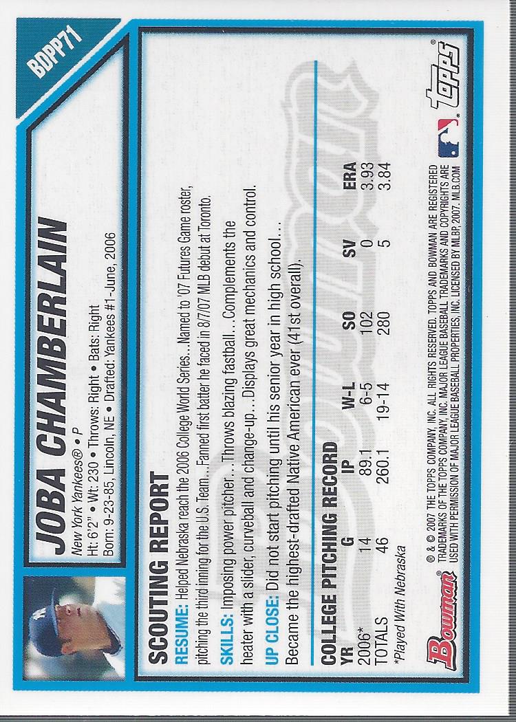 2007 Bowman Draft Future's Game Prospects Jerseys #BDPP71 Joba Chamberlain back image