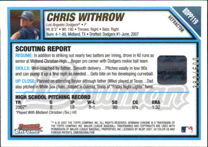 2007 Bowman Chrome Draft Draft Picks Refractors #BDPP119 Chris Withrow AU