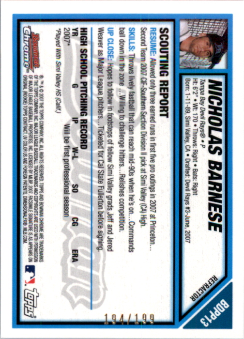 2007 Bowman Chrome Draft Draft Picks Blue Refractors #BDPP13 Nicholas Barnese