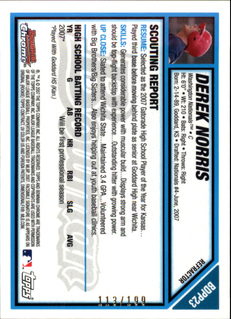 2007 Bowman Chrome Draft Draft Picks Blue Refractors #BDPP23 Derek Norris