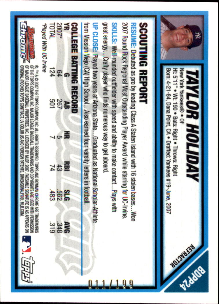 2007 Bowman Chrome Draft Draft Picks Blue Refractors #BDPP24 Taylor Holiday