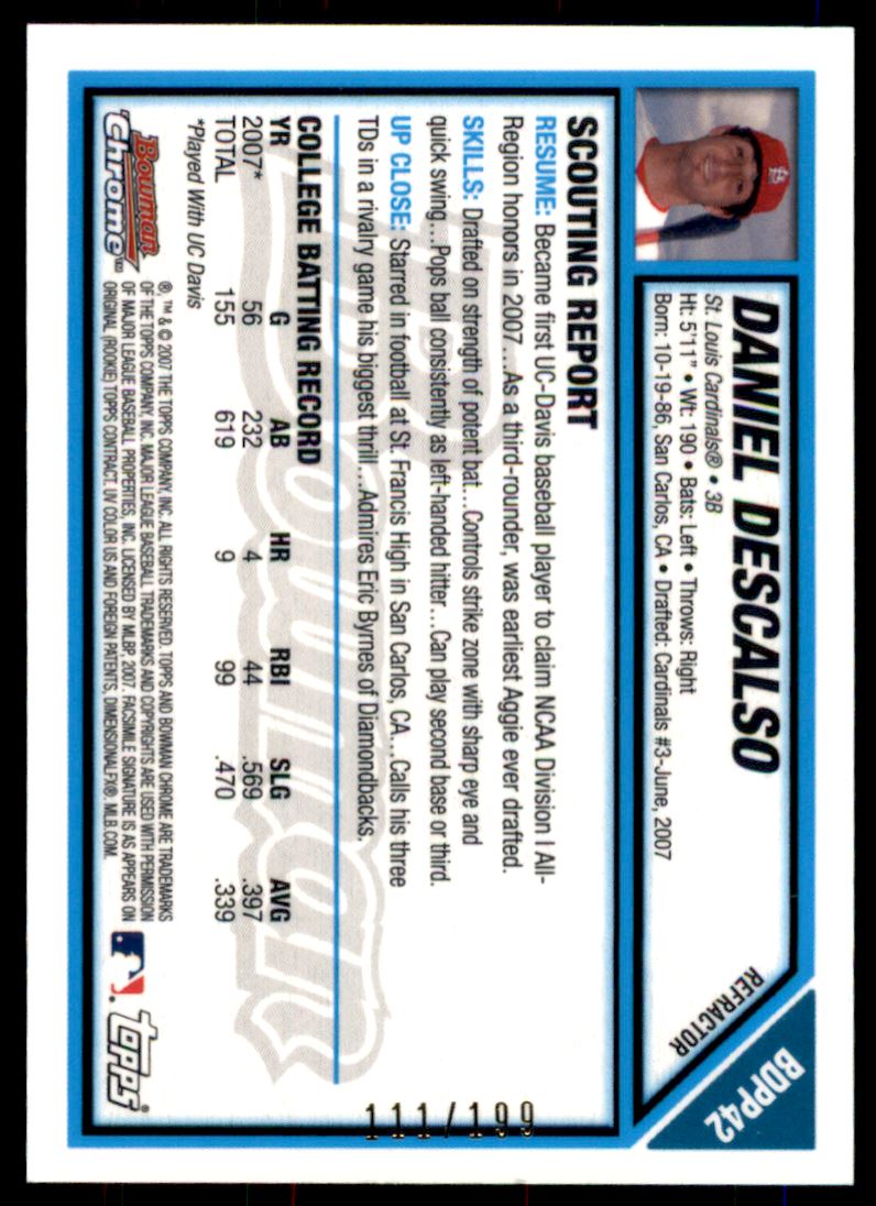 2007 Bowman Chrome Draft Draft Picks Blue Refractors #BDPP42 Daniel Descalso