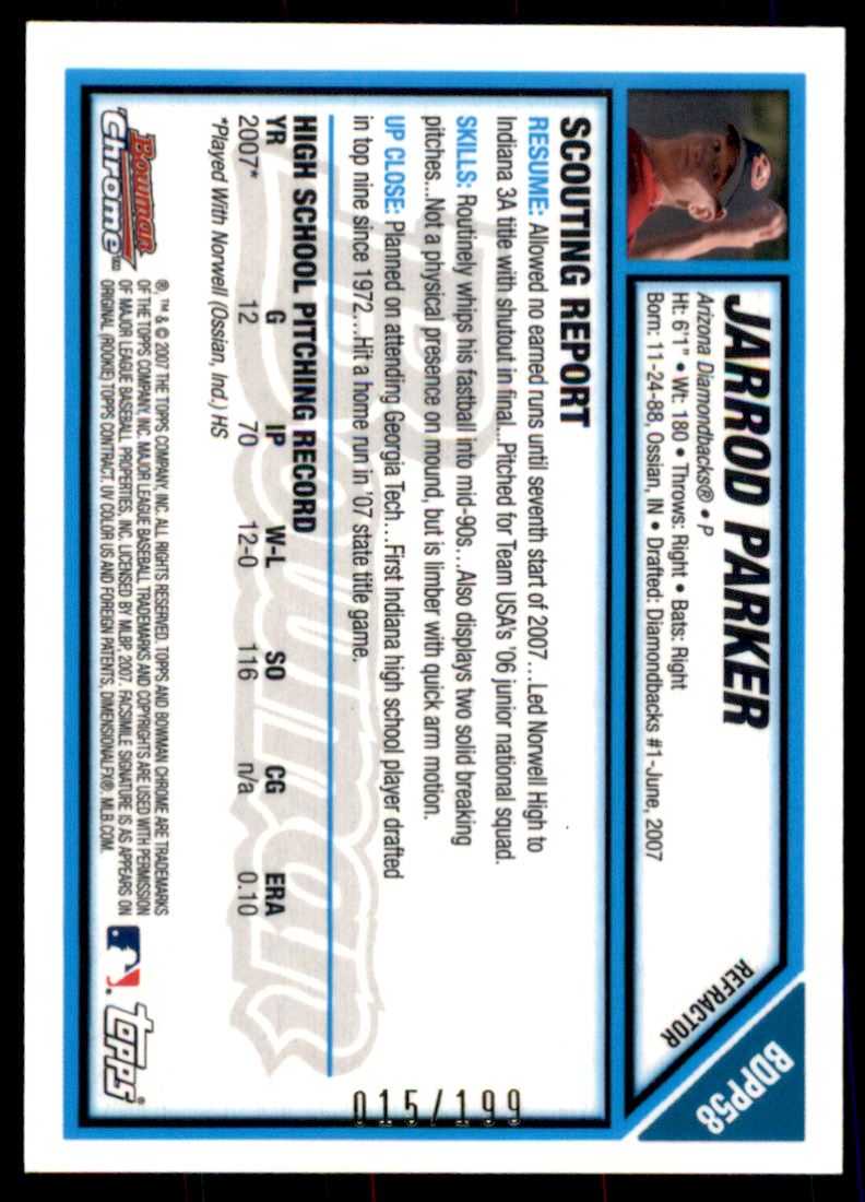 2007 Bowman Chrome Draft Draft Picks Blue Refractors #BDPP58 Jarrod Parker