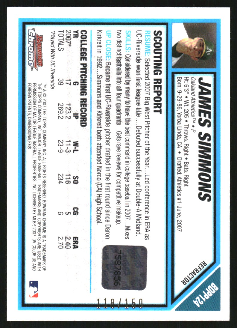 2007 Bowman Chrome Draft Draft Picks Blue Refractors #BDPP124 James Simmons AU