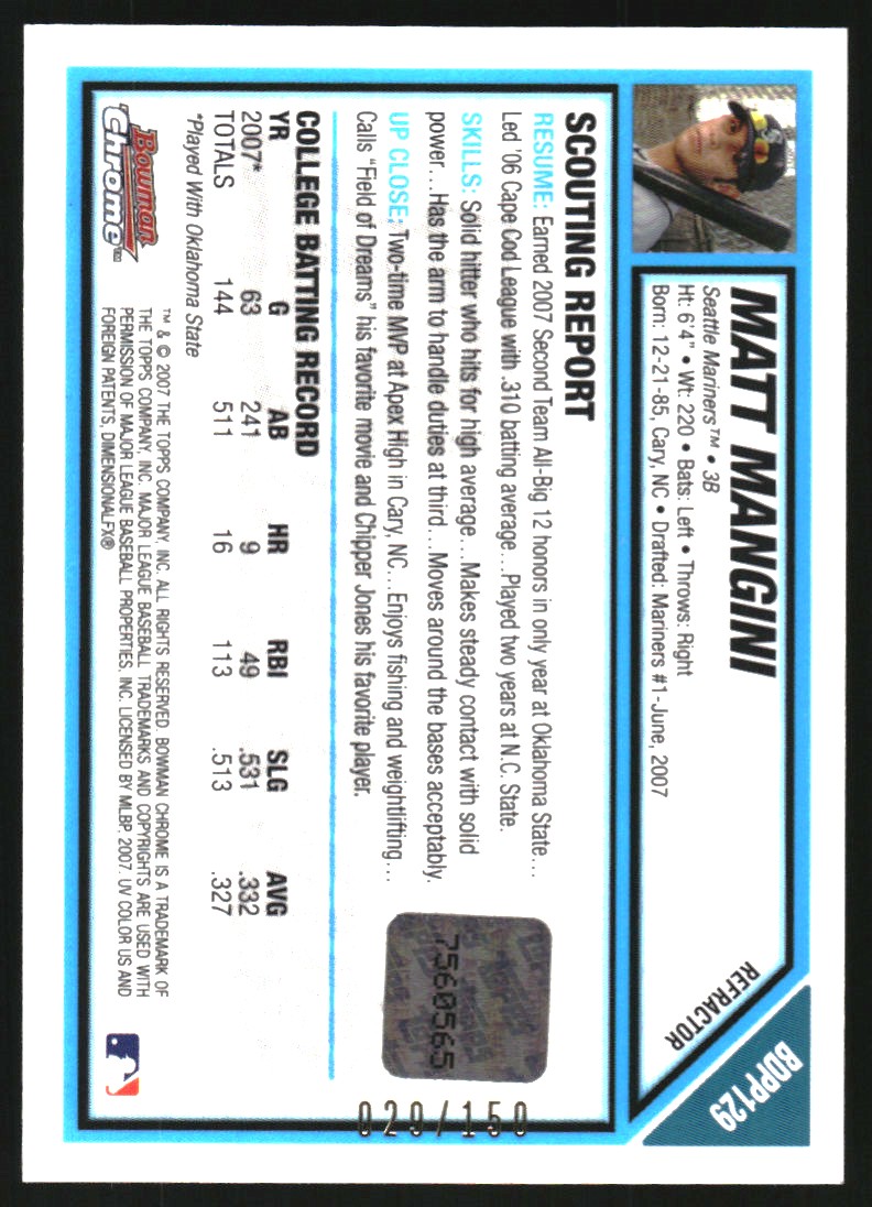 2007 Bowman Chrome Draft Draft Picks Blue Refractors #BDPP129 Matt Mangini AU