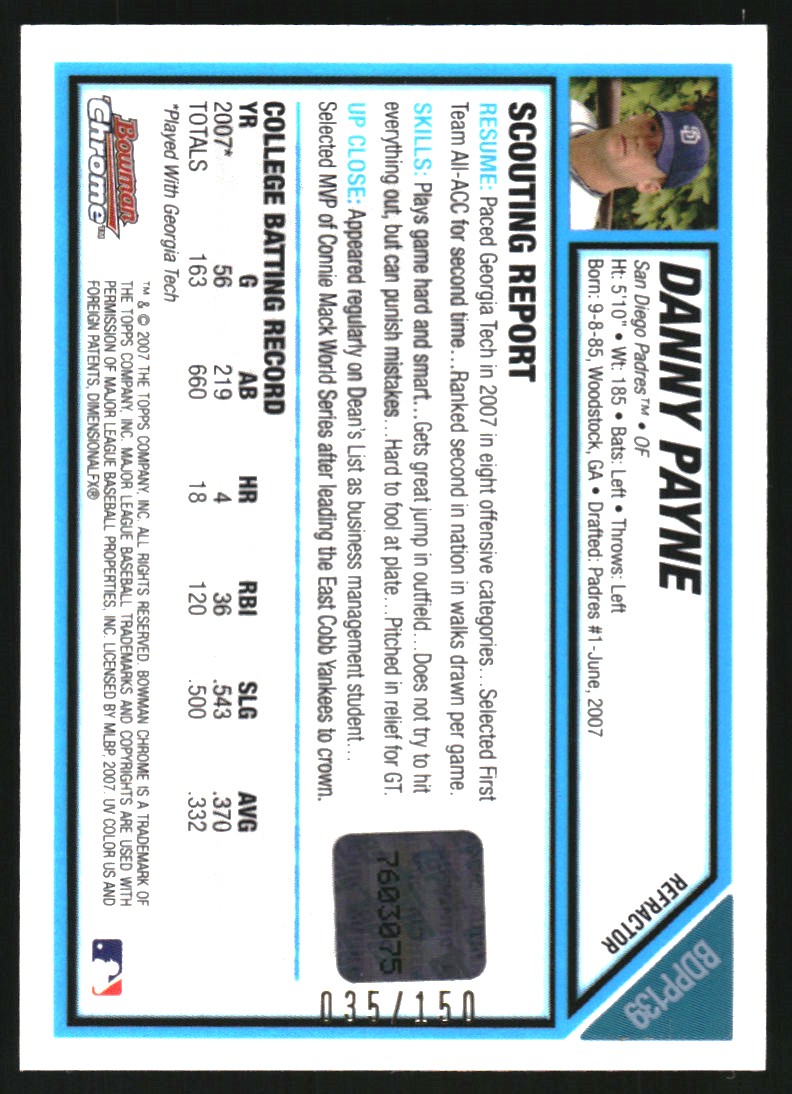 2007 Bowman Chrome Draft Draft Picks Blue Refractors #BDPP139 Danny Payne AU