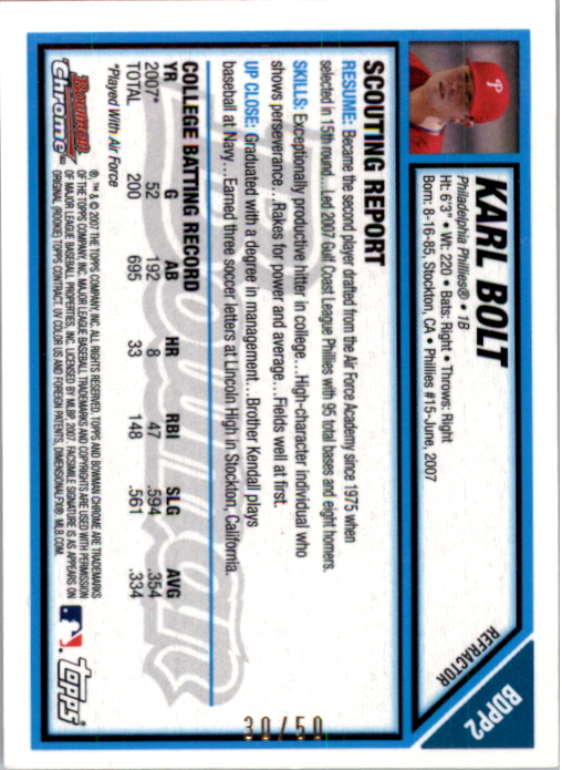 2007 Bowman Chrome Draft Draft Picks Gold Refractors #BDPP2 Karl Bolt back image