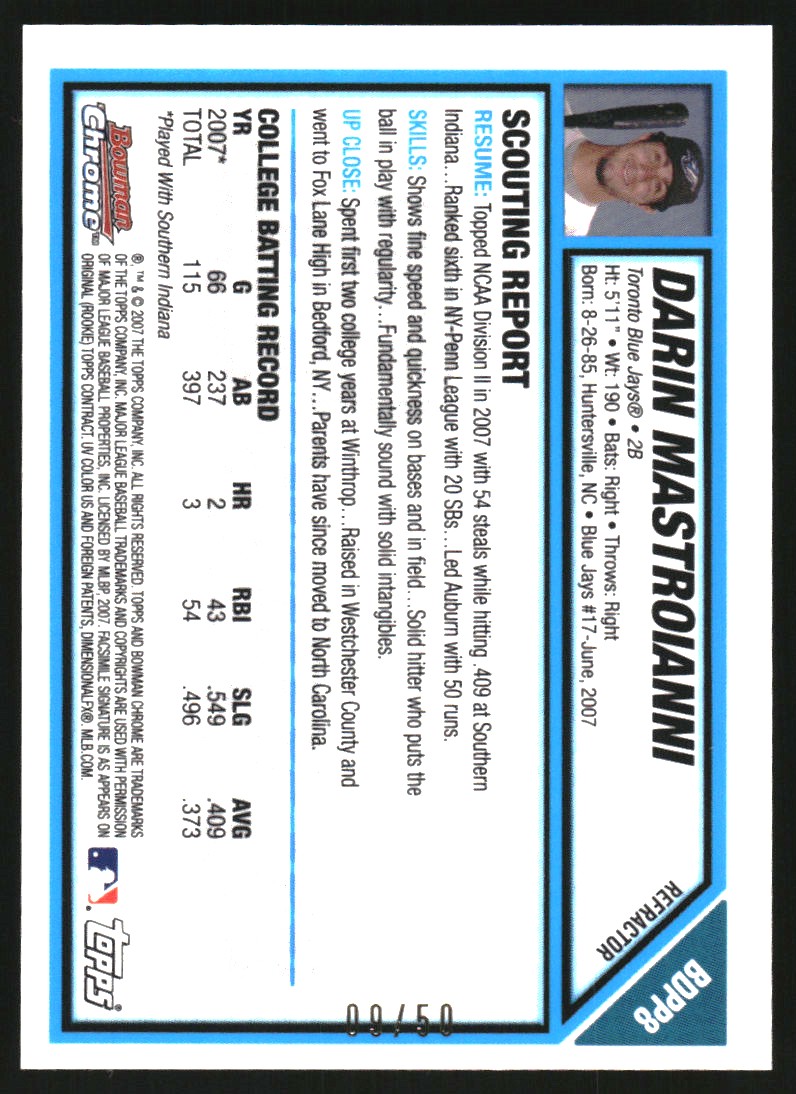 2007 Bowman Chrome Draft Draft Picks Gold Refractors #BDPP8 Darin Mastroianni